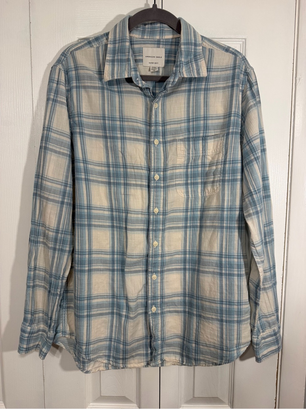 American Eagle Super Soft Plaid Shirt M Tall Blue Cream